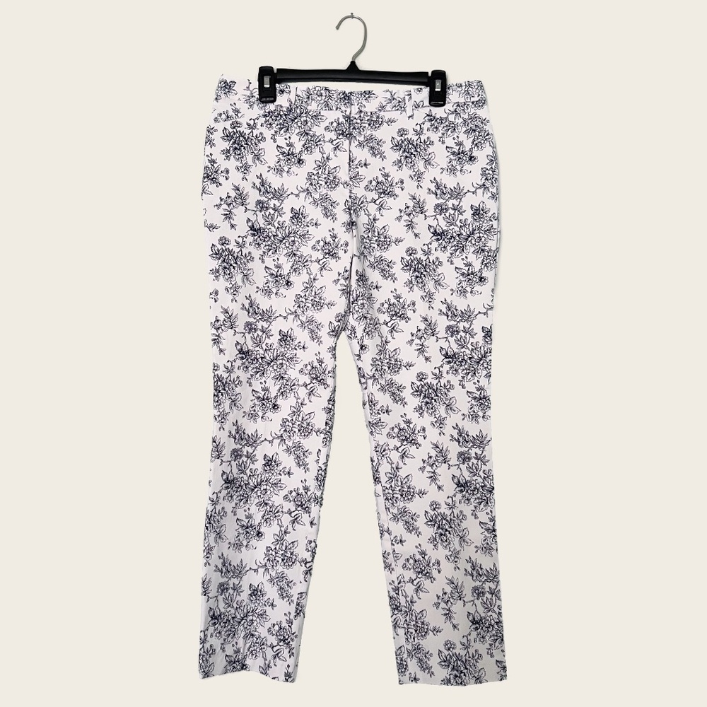 Mario Serrani Italy White & Blue Floral Print Comfort Stretch Pants